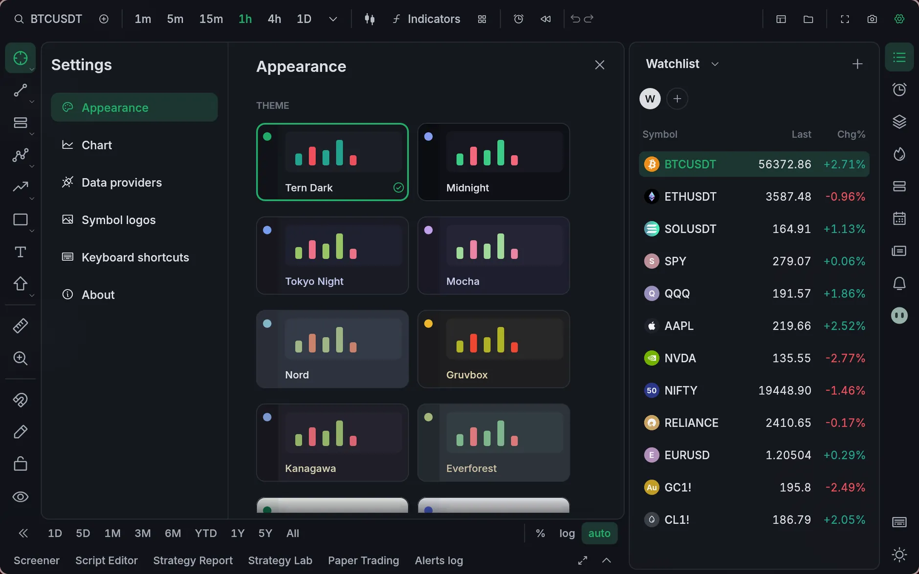 Settings, with the themes