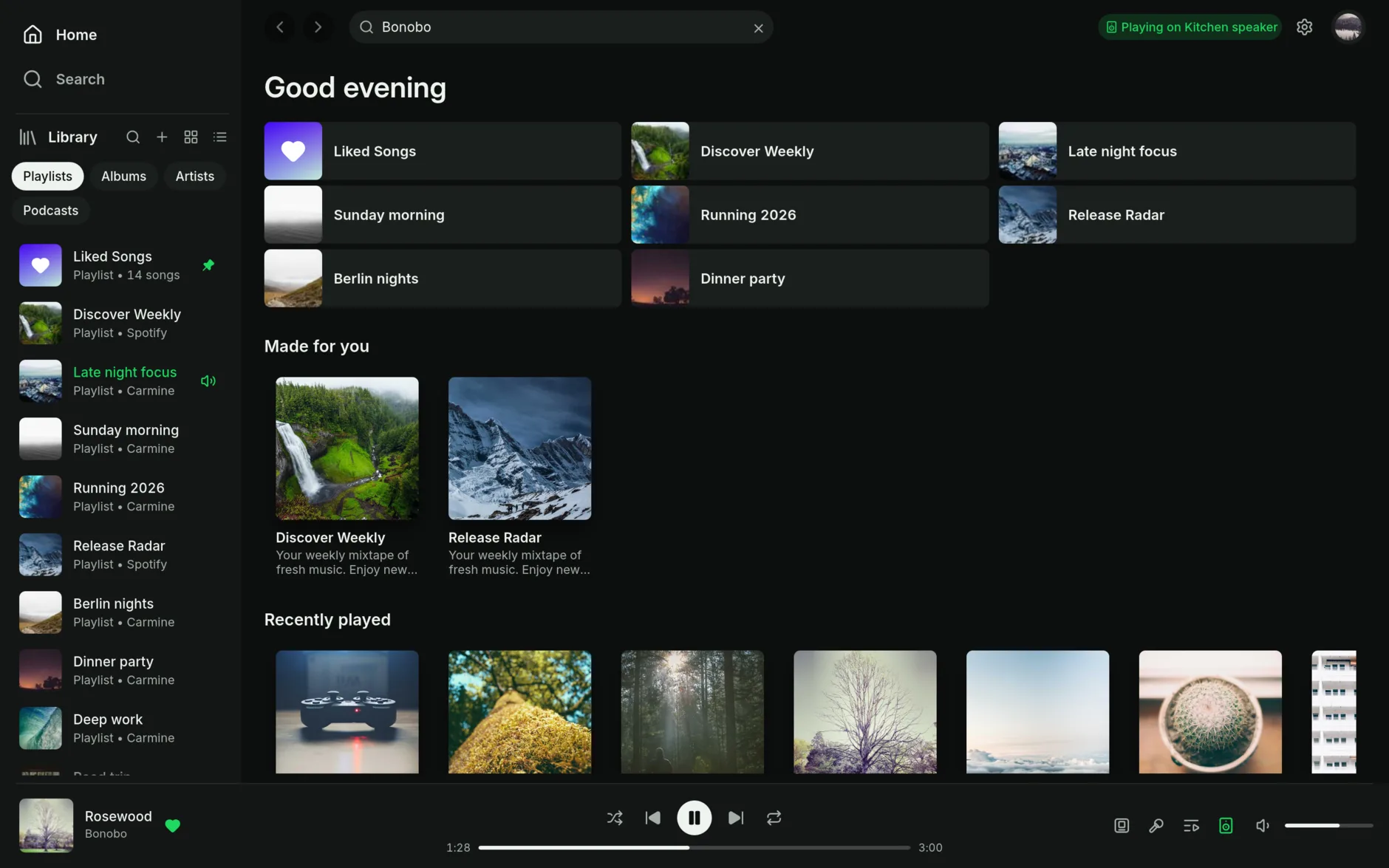 Spotsie's Home page in Spotsie Dark: the library sidebar, playlists, and the player bar