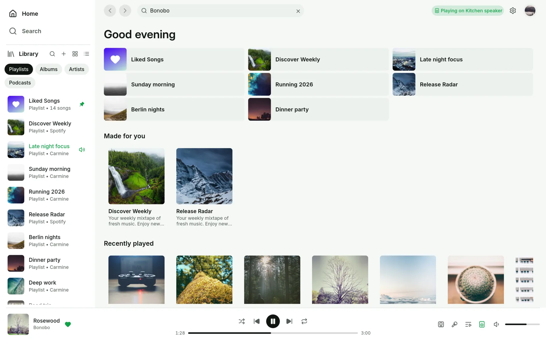 Spotsie's Home page in Spotsie Light: the library sidebar, playlists, and the player bar
